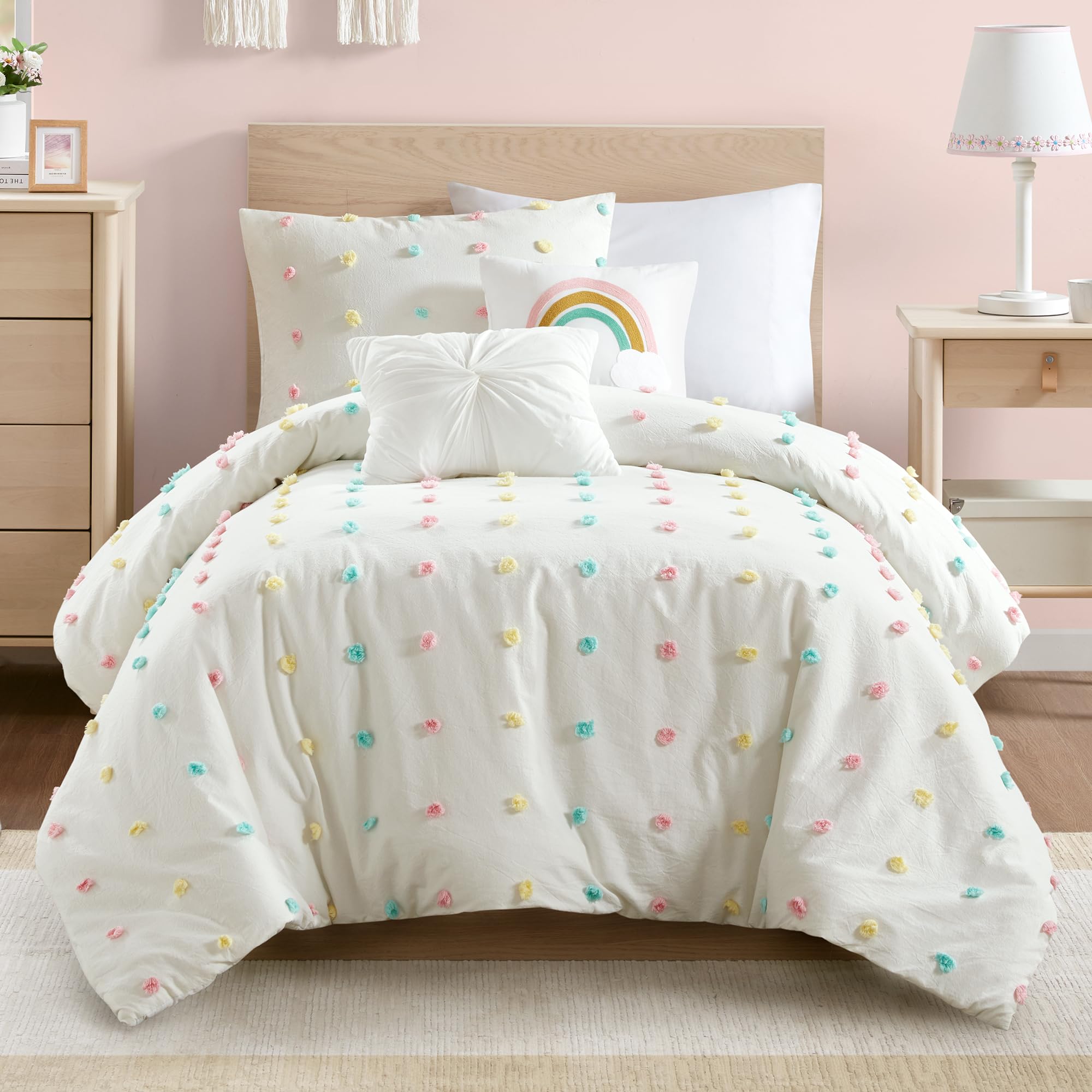 Callie Girls Twin/Twin XL Comforter Set, Ivory 4-Piece Kids Bedding, 100% Cotton Tufted Pom Pom Tufted Jacquard, All Season Down Alternative, Cozy Shabby Chic Bedroom Décor