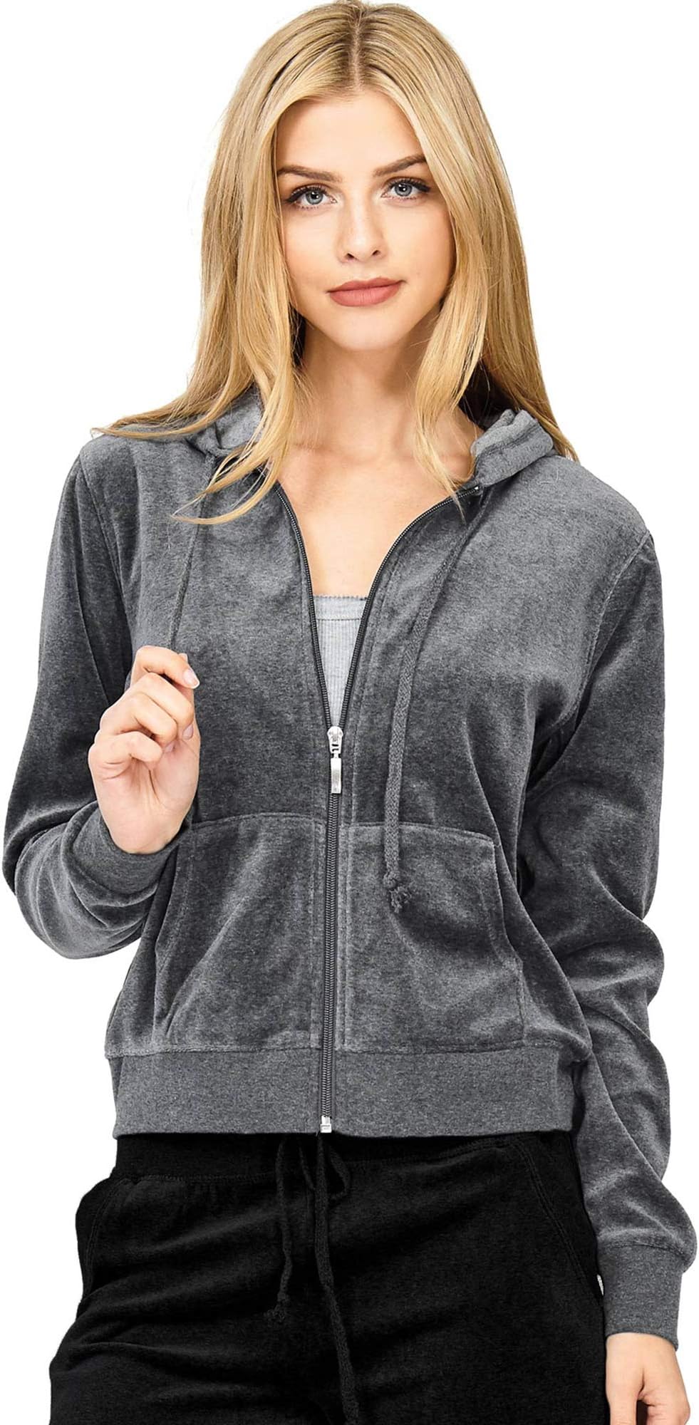 Ambiance Women's Juniors Velour Slim Fit Zip Up Hoodie