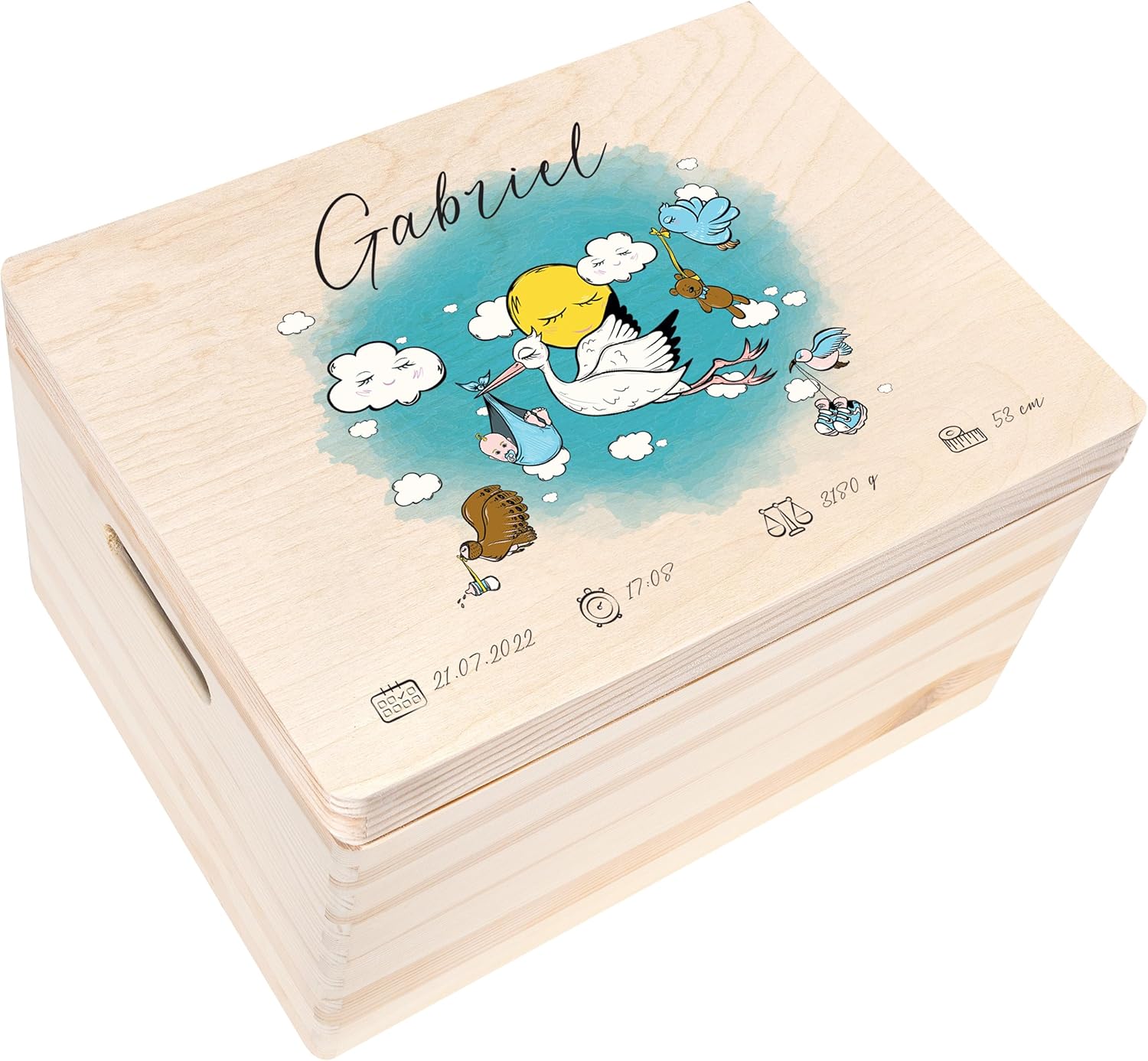 Creative Deco Personalized Baby Memory Box - Colour Background | Custom Keepsake Boxes | Unique Gift for Newborn Boy or Girl | Customized Wooden Storage Box with Hinged Lid | UV Print