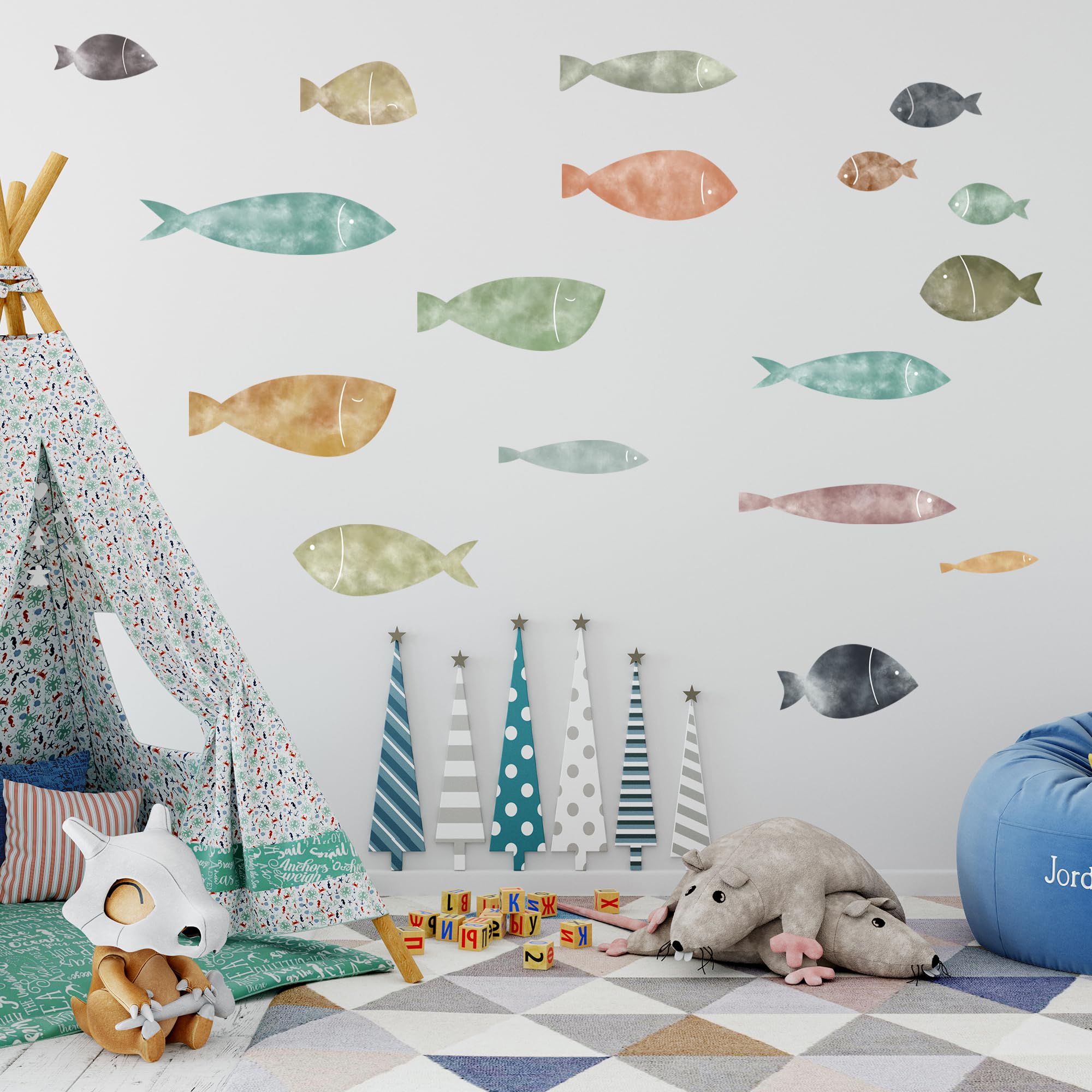 Hjklove Multicolour Boho Ocean Fish Wall Decals,Under The Sea Wall Decal Peel And Stick, Removable Vinyl Ocean Animal Art Stickers,For Kids Bedroom Playroom Nursery Classroom Bathroom, Blue Fish Decor