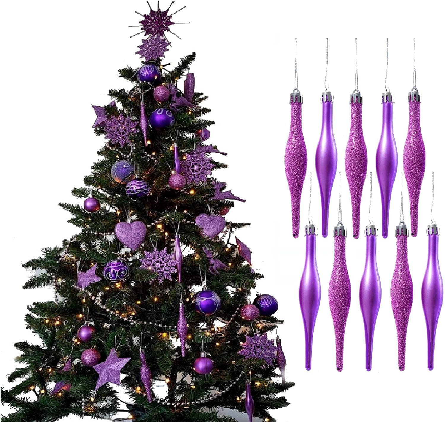 UKDeals direct® LILAC Collection CHRISTMAS DROPLET BAUBLES TREE DECORATIONS GLITTER MATT ICICLES (Pack of 10 Droplets 120mm)