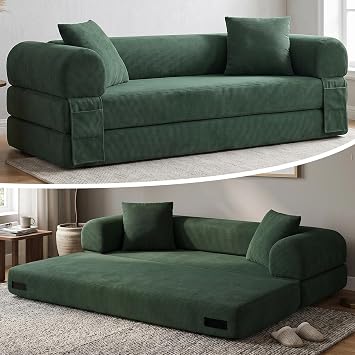 80 Convertible Sofa Bed, 3-in-1 Boneless Couch Bed with Deep Seat, Side Storage Pockets & 2 Pillows, Green Foldable Floor Couch for Living Room Apartment, 600 LBS Capacity Dark Green
