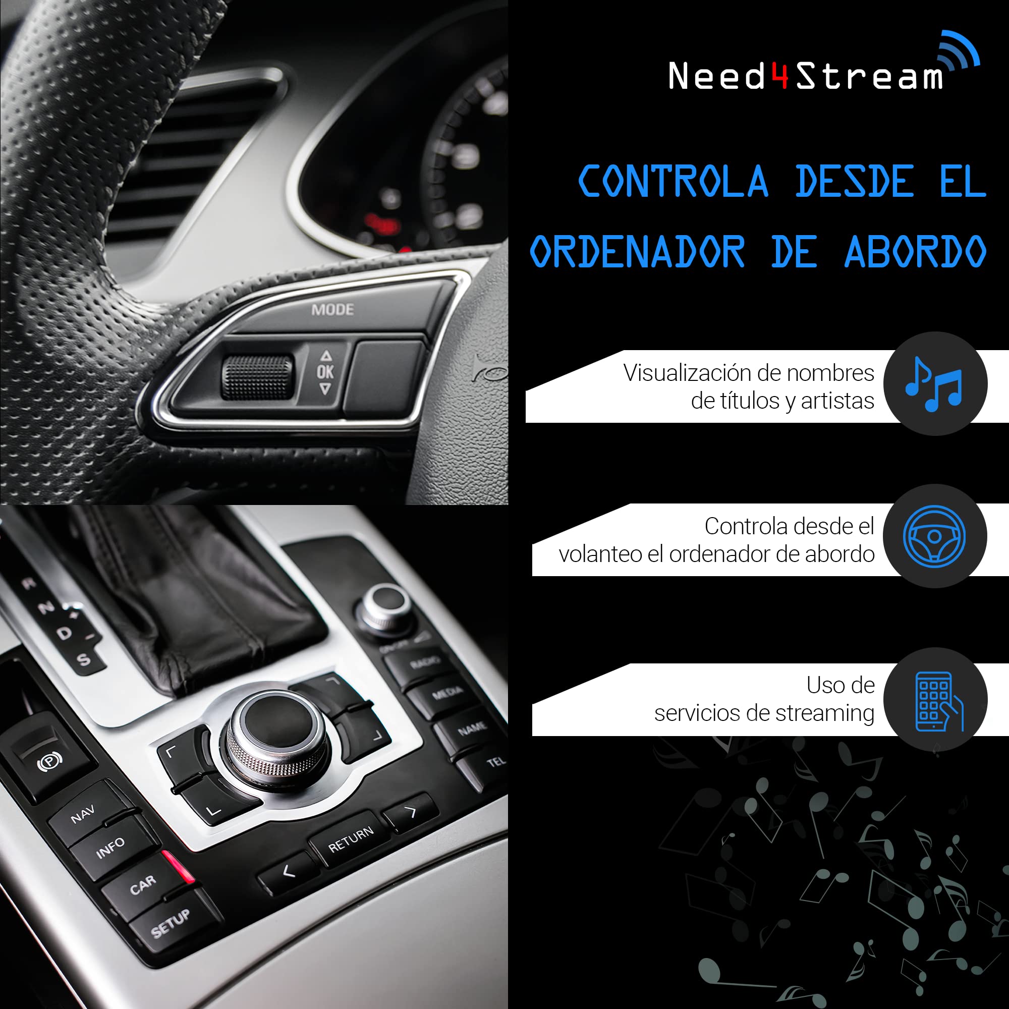 Interfaz de Audio Bluetooth con Listas de Canciones, N4S300A-2G A2DP, Compatible con Audi Music Interface y MMI 2G, Apto para iPhone y Smartphone Android