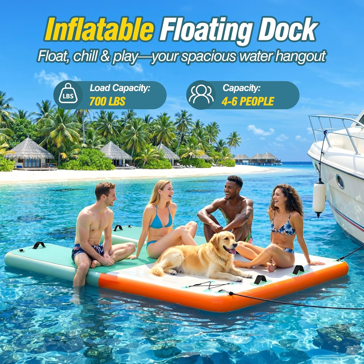 MoKo Inflatable Floating Dock, Air Dock with Water Access Ramp, Floating Platform with Non-Slip EVA Surface for Lake, Pool, Boat Family Party Up to 4-6 People, Mint Green + Orange