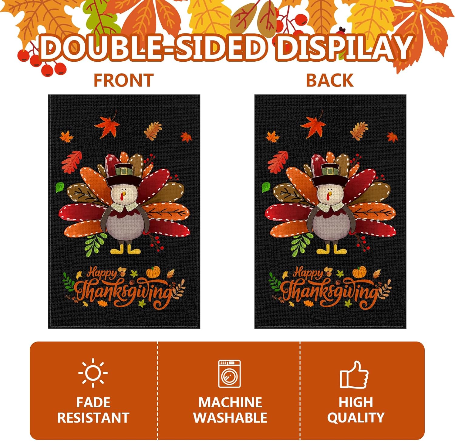 Fall Thanksgiving Turkey Garden Flag 12x18 Inch, Double Sided Bless Harvest Holiday Burlap Yard Flag for Outdoor Decoration - Image 5