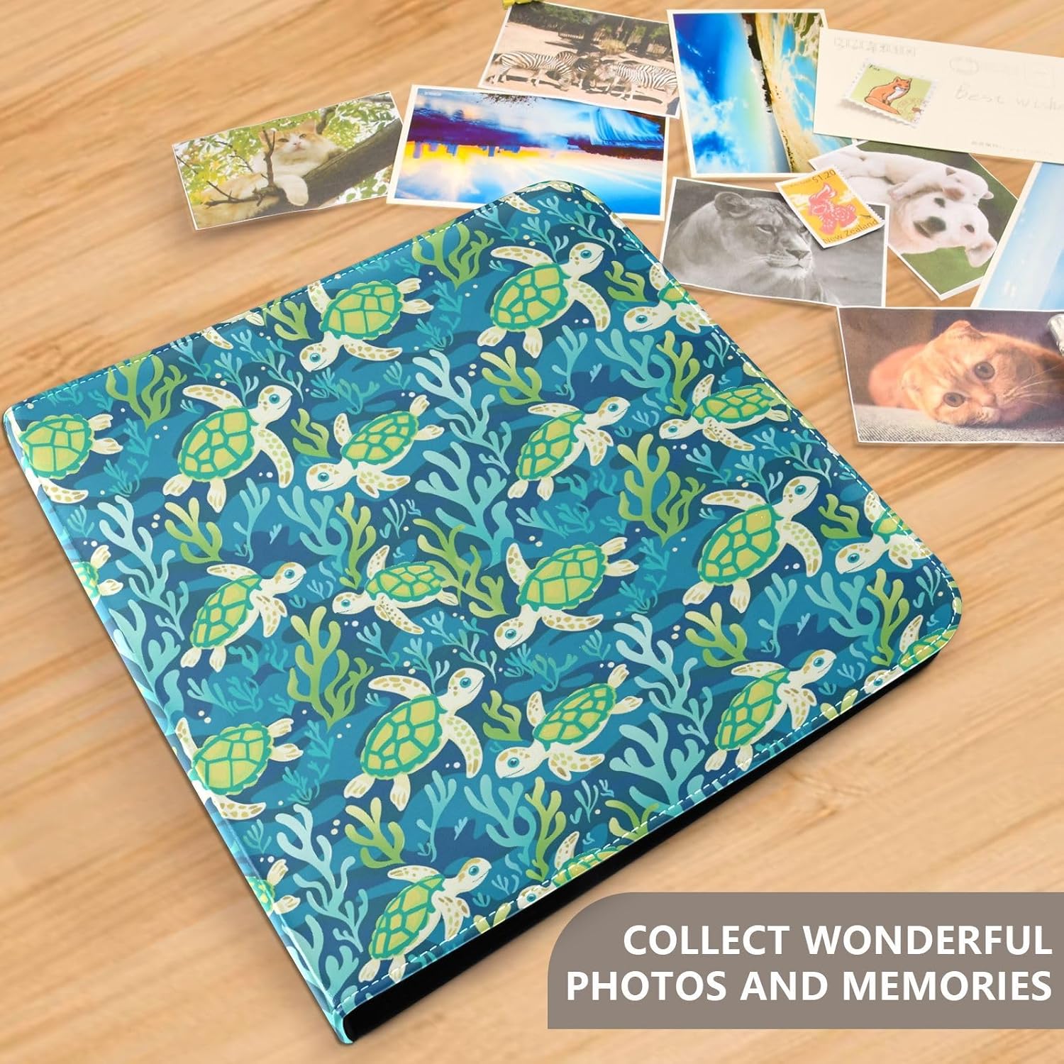 JIPONI Turtles Swim Large Photo Album, DIY Leather Cover Scrapbook Albums for 4x6 5x7 6x8 Pictures, Self Adhesive Memory Book for Wedding, Baby, Family