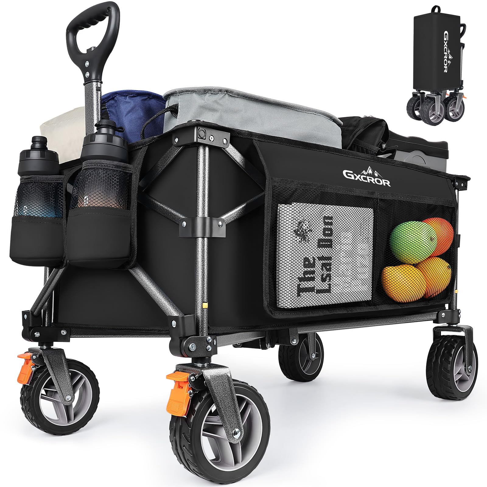GXCROR Folding Trolley Cart 100L Heavy Duty Collapsible Wagon with 13cm diameter & 5cm Wide Wheels & Removable Wheels, Beach Utility Cart with Brakes & Side Pockets