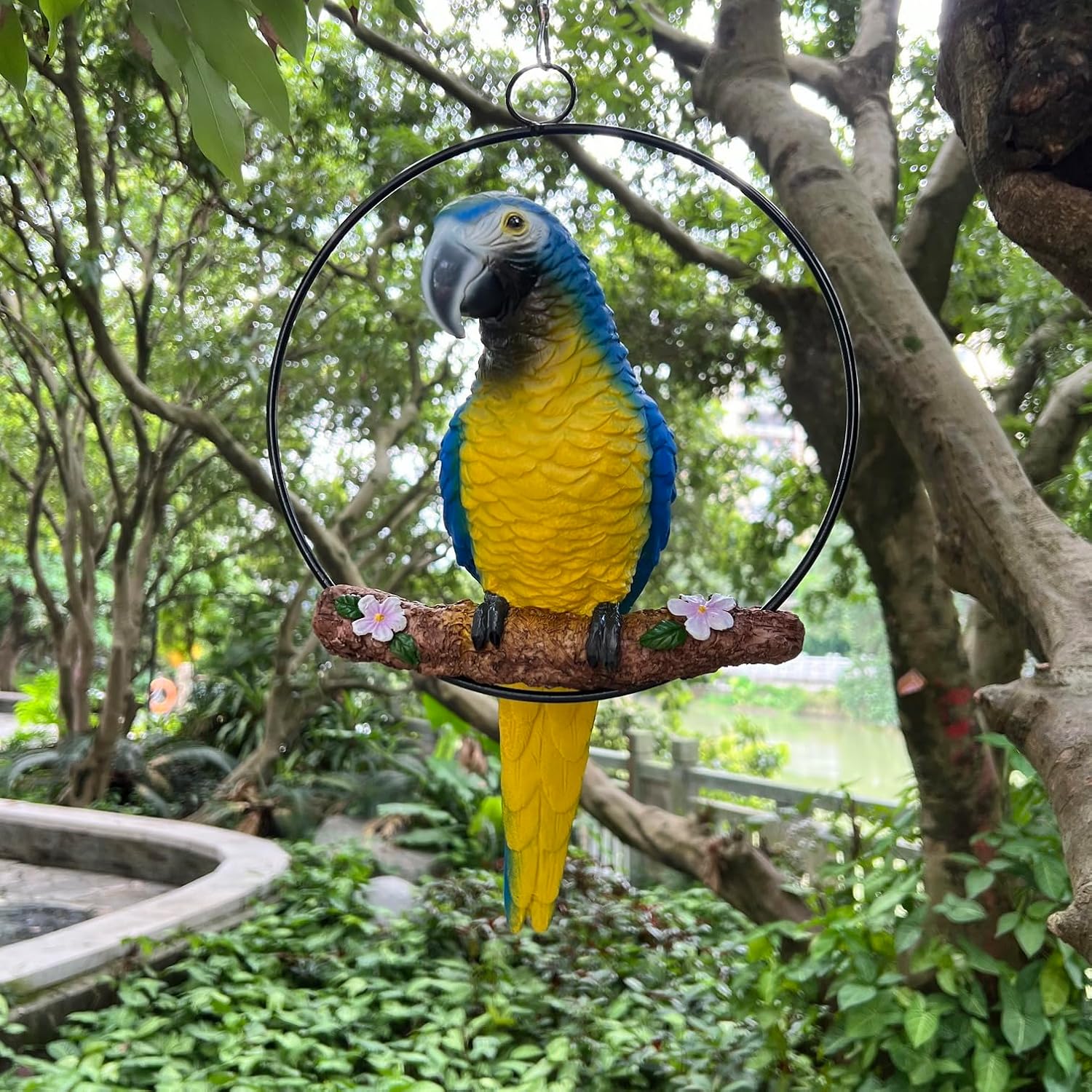Hanging Parrot Macaw Sculpture Ring Perch Indoor/Outdoor Statue for Patio Home Garden, Medium 15 Inch Tall