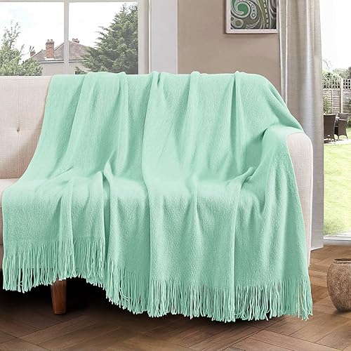 Miniatura 3 de Vonty Manta de punto verde menta con borlas y flecos, 50 x 60 pulgadas, manta de punto súper suave, manta ligera decorativa de granja para sofá, cama