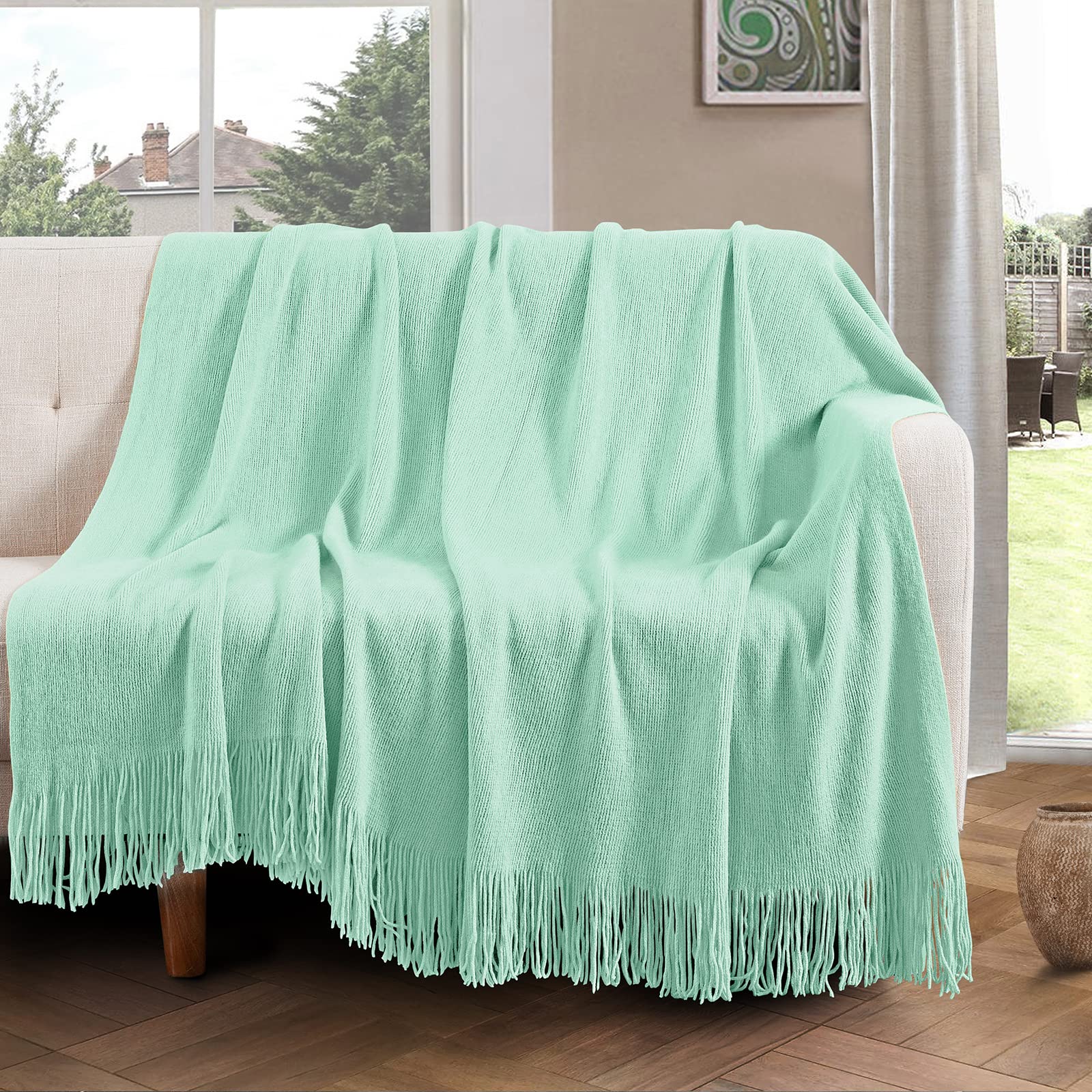 Hellblaue Strickdecke Mit Quasten – Superweich & Vielseitig
