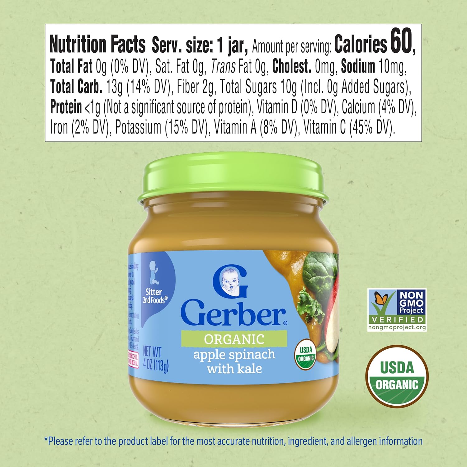 Gerber 2nd Foods, Organic for Baby, Non-GMO, Apple Spinach with Kale Flavor, 4 Ounce (Pack of 10)