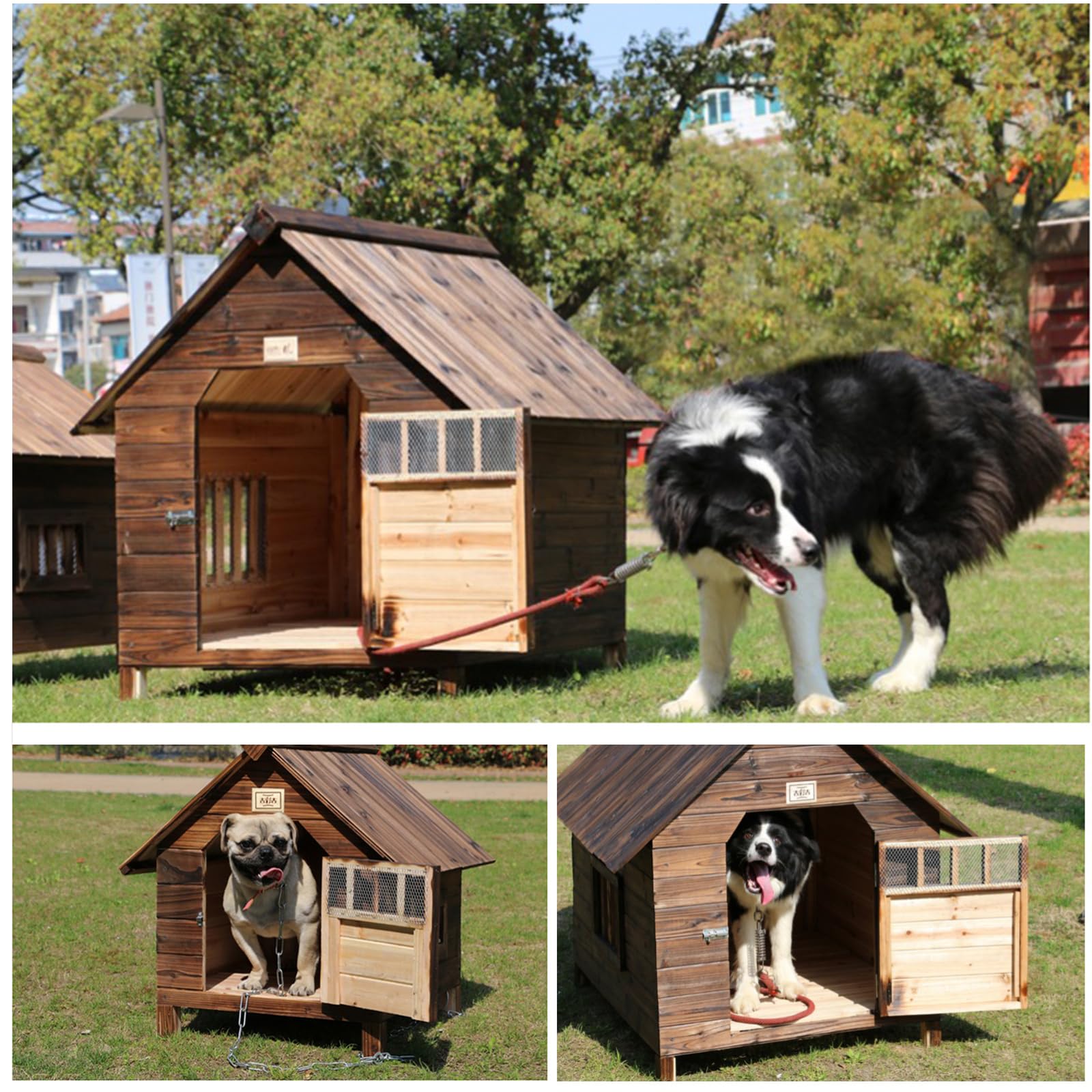 Caseta exterior de madera aislada para perros pequeños, medianos y grandes, resistente a la intemperie, fácil de montar, fácil de limpiar con ventanas y puertas (marrón, 99 x 92 x 95 cm)
