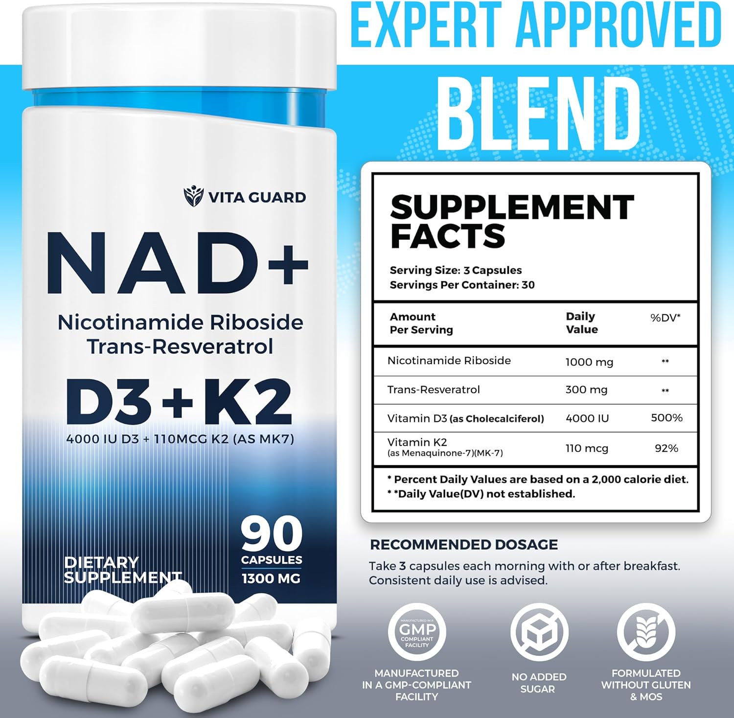 Anti-Aging Energy NAD Supplement – NMN Alternative with Nicotinamide Riboside 1000mg, Trans-Resveratrol 300mg, Vitamin D3 4000 IU and K2 110 mcg MK7 – Vegetarian 60 Capsules, 1300mg