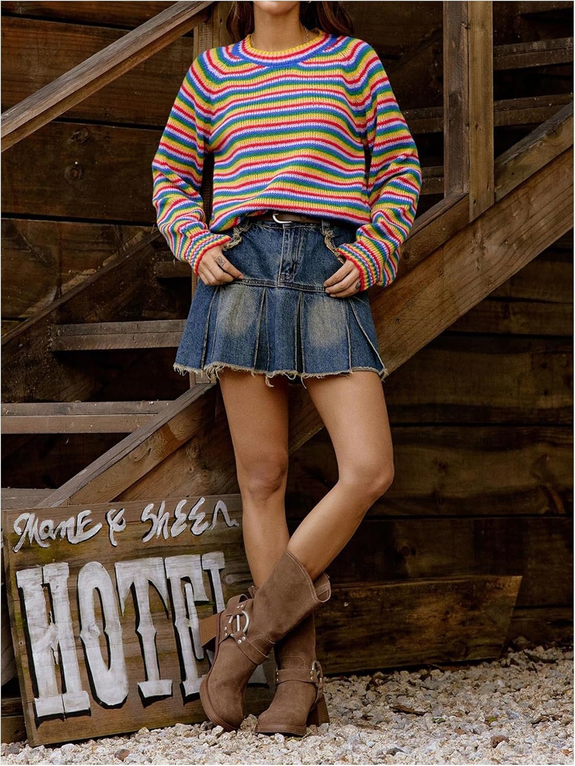 OYOANGLE Women's Rainbow Sweater Striped Raglan Long Sleeve Crewneck Pullover Sweaters Fall Tops - Image 4