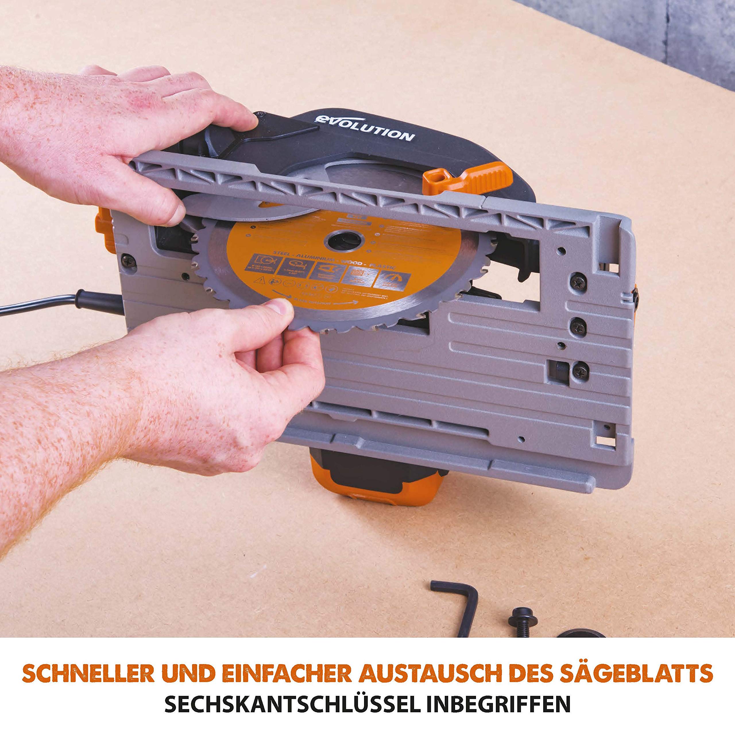 Evolution R185CCSX Handkreissäge 1600W Tauchsäge Ø 185 mm HM-Sägeblatt Multi-Material 3-teilige 1020mm Führungsschiene