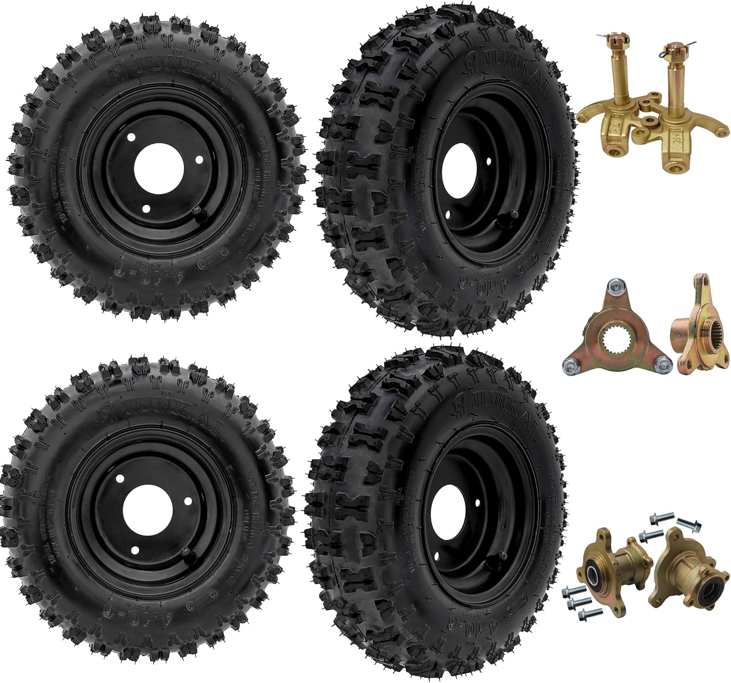 4-Pack 4.10x6, 4.10-6 Go Kart Wheels & Tires Kit with 23T Rear Axle Hub, 3-Bolt Front Wheel Hub, Steering Knuckles for ATV, Mini Bikes, Drift Trikes, Scooters, Lawn Mowers DIY Upgrade