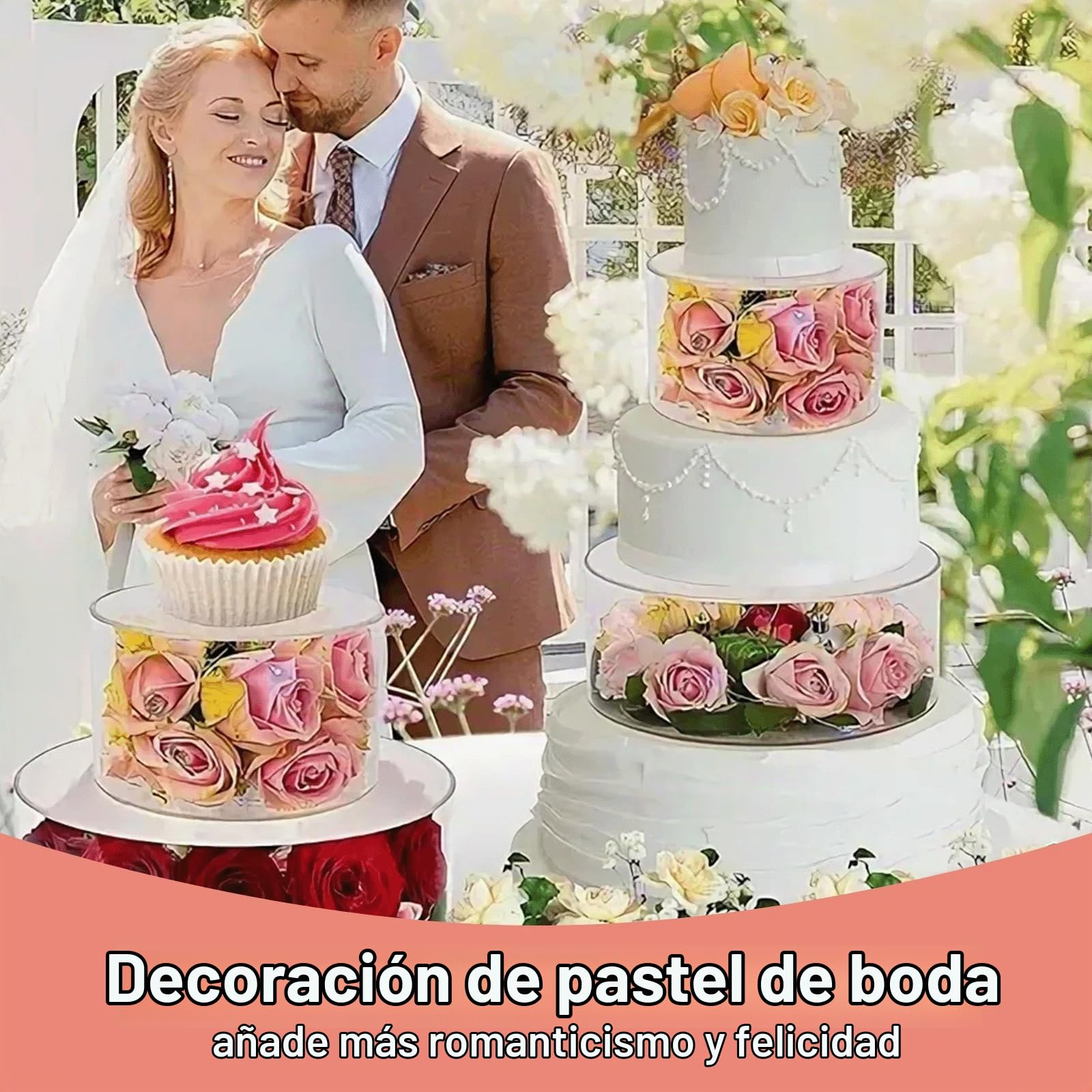 Soporte Acrílico para Tartas, 15cm+25cm Soportes para Tartas Rellenables de Acrílico Transparente con Cadena de Luz Apilables Soporte para Exhibición de Pasteles para Bodas Baby Shower Cumpleaños