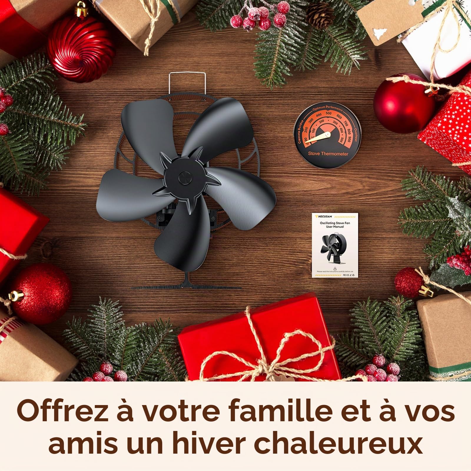 Ventilateur Poele à Bois avec thermomètre, ventilateur oscillant à 60° avec 5 pales de 210 mm, fonctionnement thermique et silencieux (sans électricité) pour poêles à bois/Cheminée/Gaz