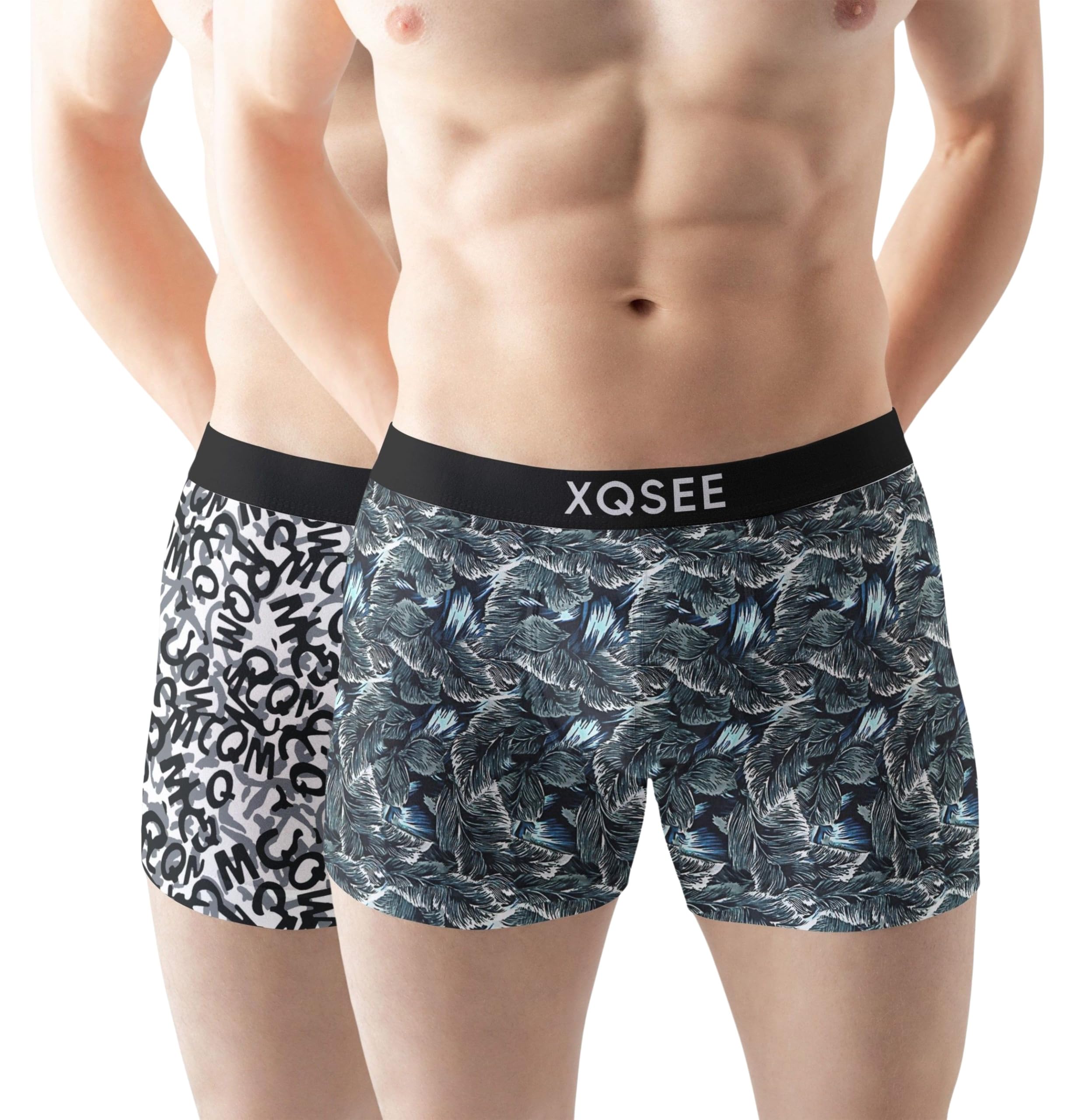 - Men's Boxer Briefs, Black with White Feather Print Pattern, Elastic Waistband Underwear, Comfortable Stretch Fit