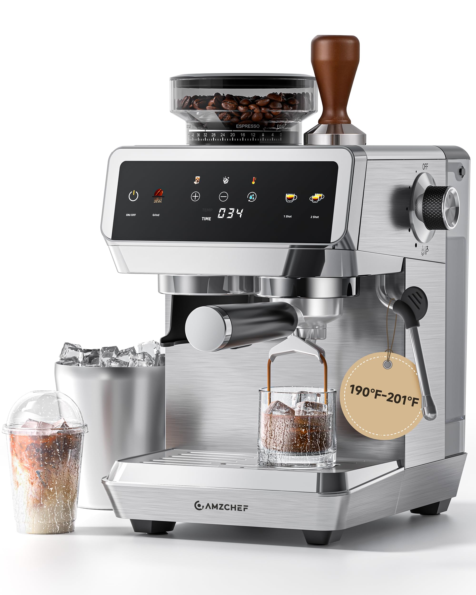 Photo 1 of AMZCHEF Espresso Machine With Grinder, 44 Grind Settings 20 Bar Coffee Machine with Milk Frother, Touch Screen, Cold Brew, Sliver