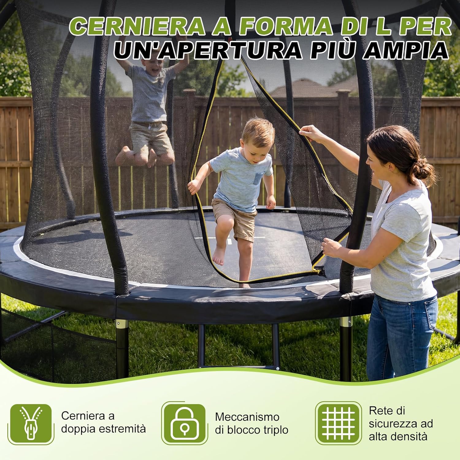 Close-up of the L-shaped zipper and buckle on the safety net, demonstrating the triple lock mechanism for secure closure.