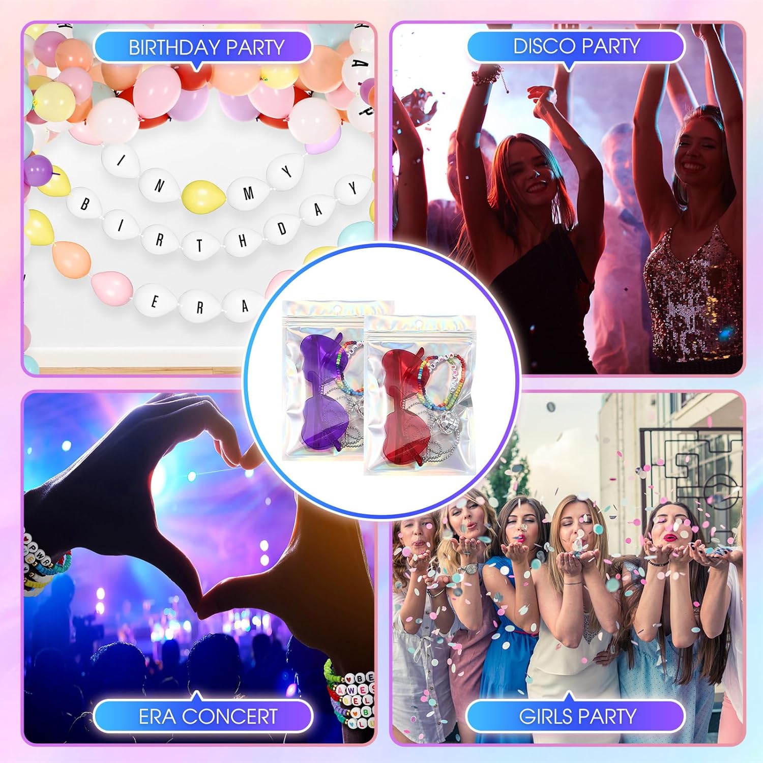 Landical 60 Pcs Valentines Day Gifts Kpop Party Favors 12 Sets Music Sets with Friendship Bracelets Disco Ball Necklace Heart Sunglasses Gift Bag Exchange Gift(Rose Red, Purple) - Image 7