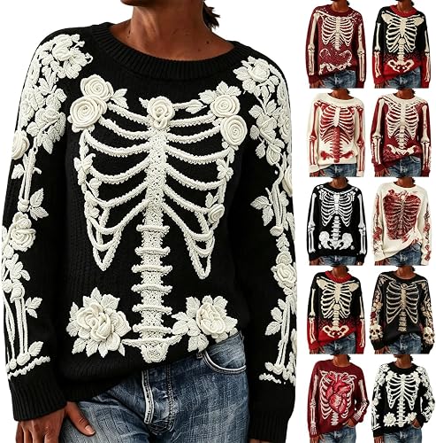 Skeleton Sweater for Women Halloween Costumes Floral Graphic Crewneck