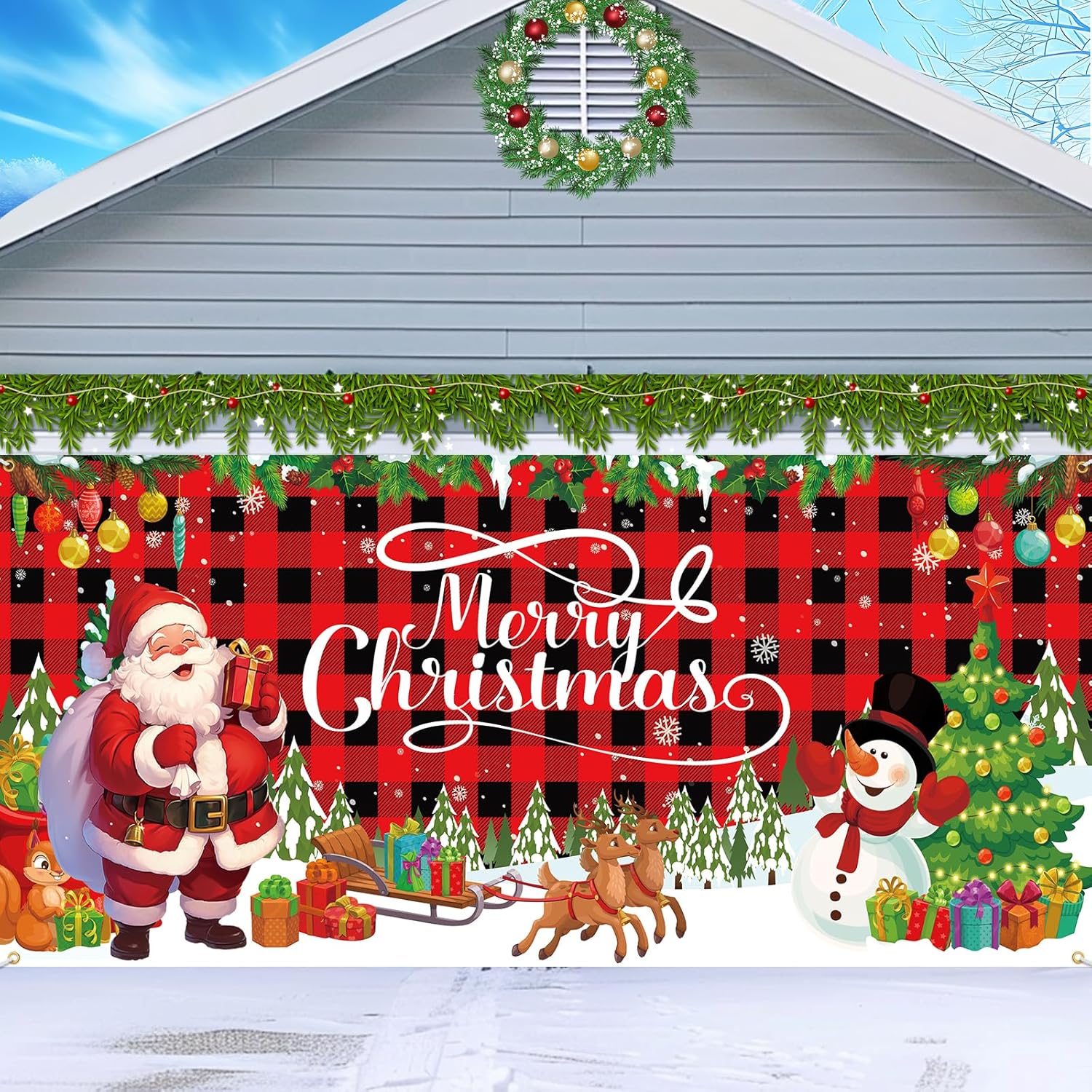 Christmas Garage Door Banner With Lights,16 x 7 ft Large Christmas Garage Decoration Holiday Door Cover With LED Light String, Christmas Outdoor Banner Santa Reindeer Backdrop Background for Party
