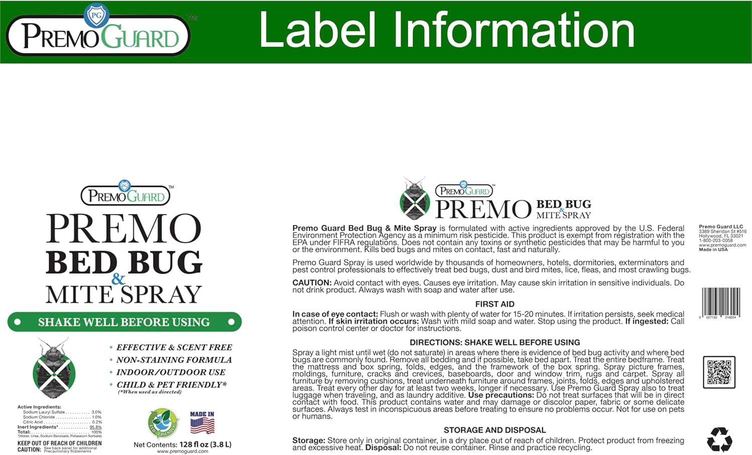 Premo Guard Bed Bug Killer Spray 128 oz - University Tested 100% Kill Rate - Natural Non Toxic, Stain & Scent Free - Kill Bedbugs & Mites On Bed & Blankets, Furniture, Clothing - Child & Pet Safe