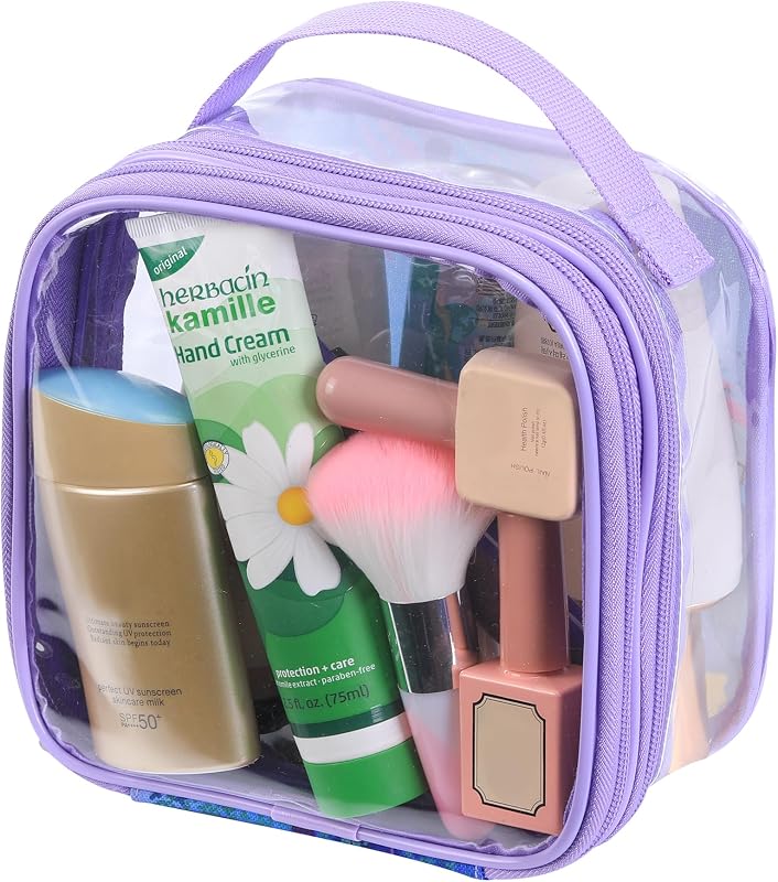Necessaire transparente BORMELUN roxa com zíper, dois compartimentos e alça