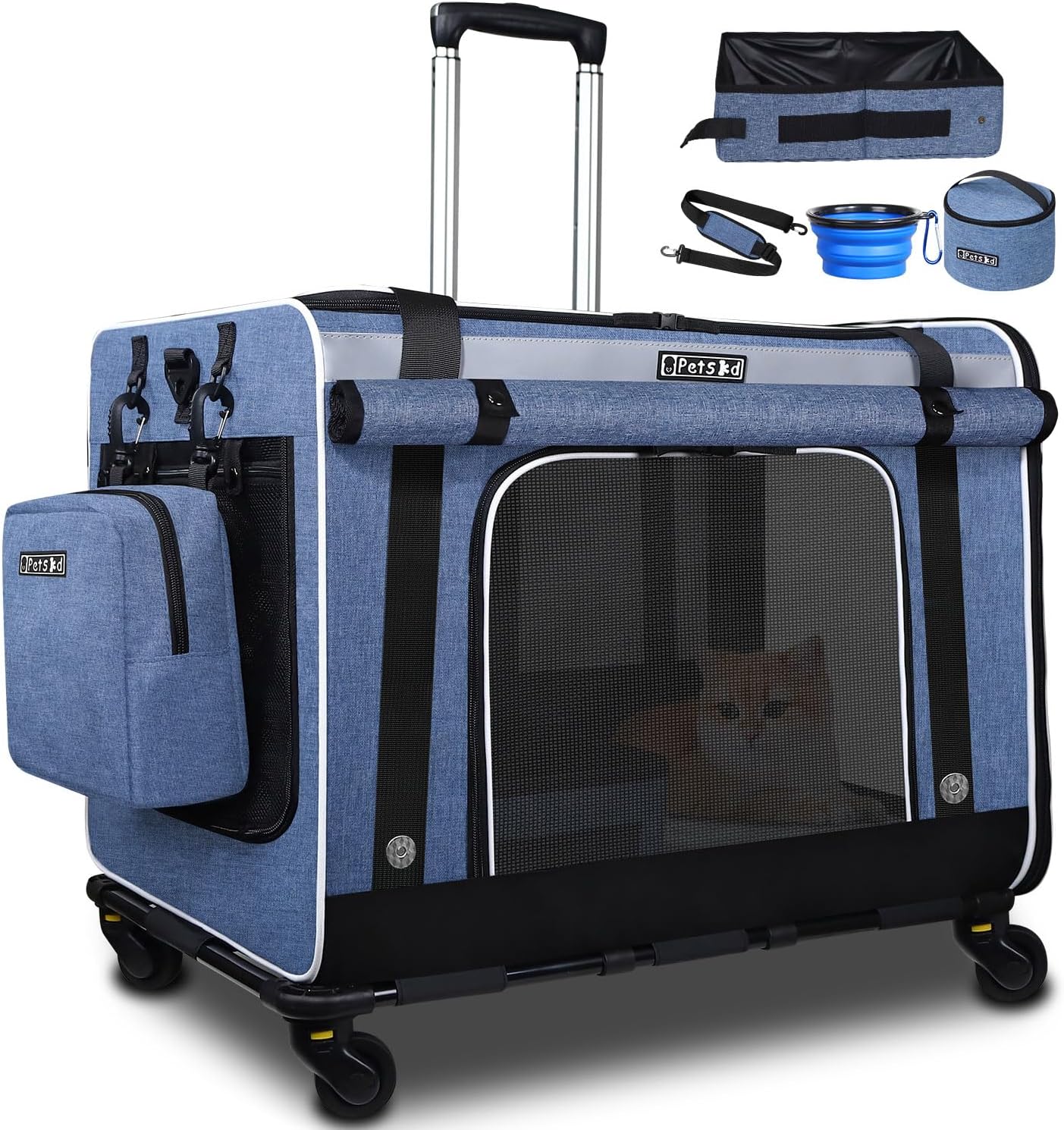 Petskd Extra Large Cat Carrier with Wheels and Litter Box, 24″x17″x17″ Rolling Soft Carrier Until 55LBS Pets with 5 Breathable Mesh Windows and Locking Zippers for Long Distance Car Travel(Blue)