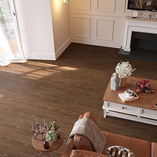 Miniatura 4 de VEELIKE Azulejos de piso de 6 x 36 pulgadas para despegar y pegar para baño, impermeables, de madera de castaño marrón, paquete de 12 tablones de