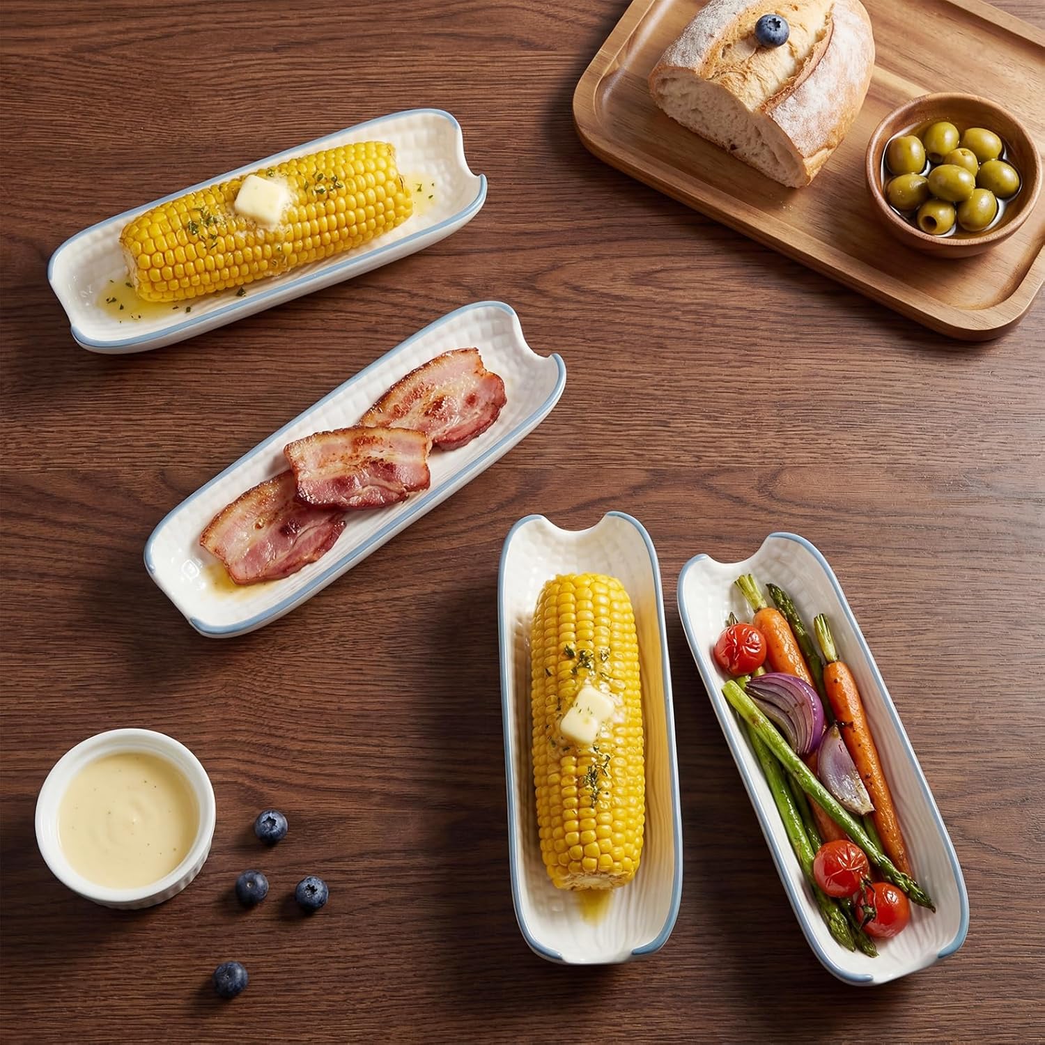 Potchen 6 Set Corn on the Cob Ceramic Holders White Ceramic Dishes 8.5 Inches Durable Stoneware Side Plates with Blue Trim Non-slip Bottom Cob Trays for Corn Festival Vegetables Snacks