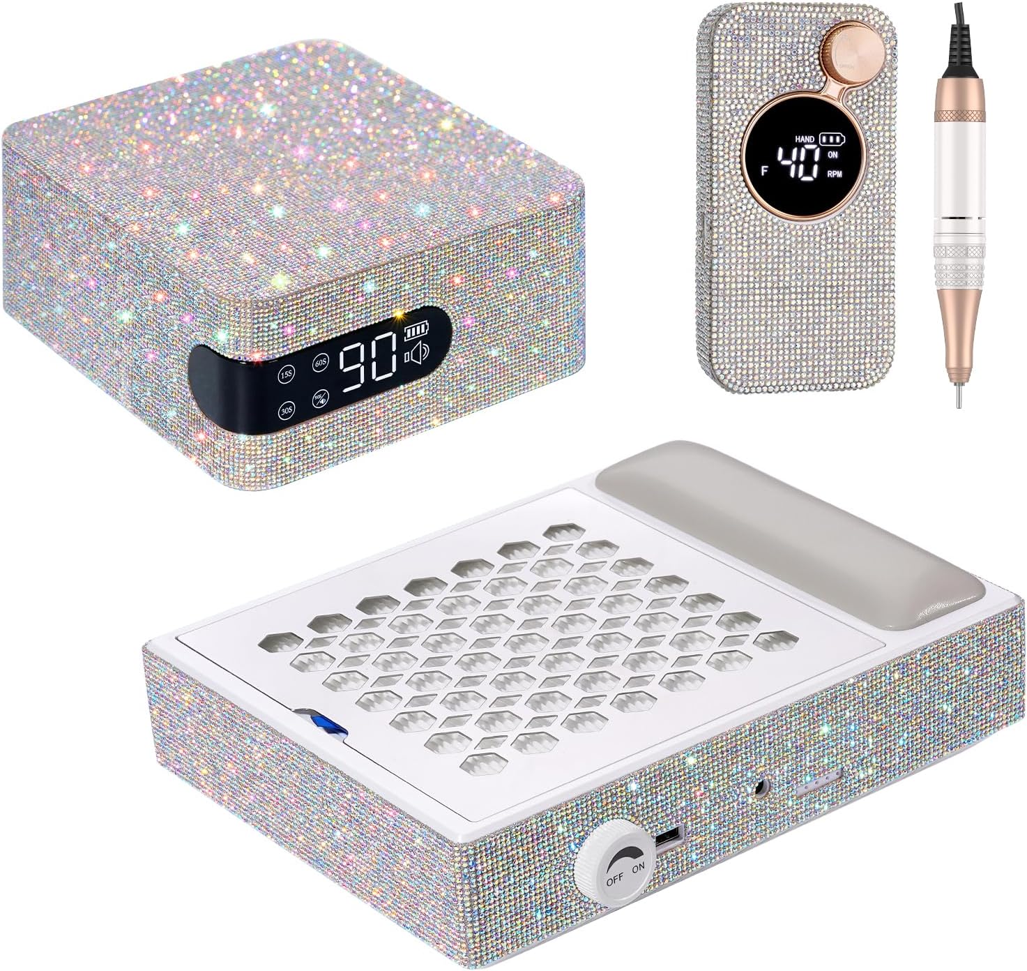 UV LED Nail Lamp 96W Rechargeable Sparkly Nail Dryer & Rechargeable 40000RPM Nail Drill & Rechargeable Nail Dust Collector for Salon Home AB Diamond