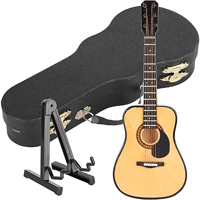 Cyrank Miniature Guitar Model, 7.9in Wooden Guitar Model Display Mini Musical Ornaments Mini Guitar Model with Stand and Case Musical Instrument Model Decor