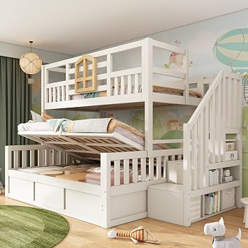 Miyemo Bunk Beds for Kids, Staircase Bunk with Storage Cube, Children's Bed with Hydraulic Storage, Triple Sleeper Bed Frame for Family with Multiple Children, 90+135 x 190cm, Solid Wood, No Mattress