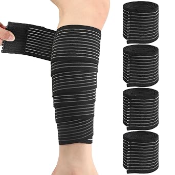 Elastic Calf Compression Bandage Sleeve,4PCS 180cm Black Leg Compression Sleeve for Men and Women,Breathable Adjustable Design for Sport Gym Squats Running Weightlifting Calf Workout