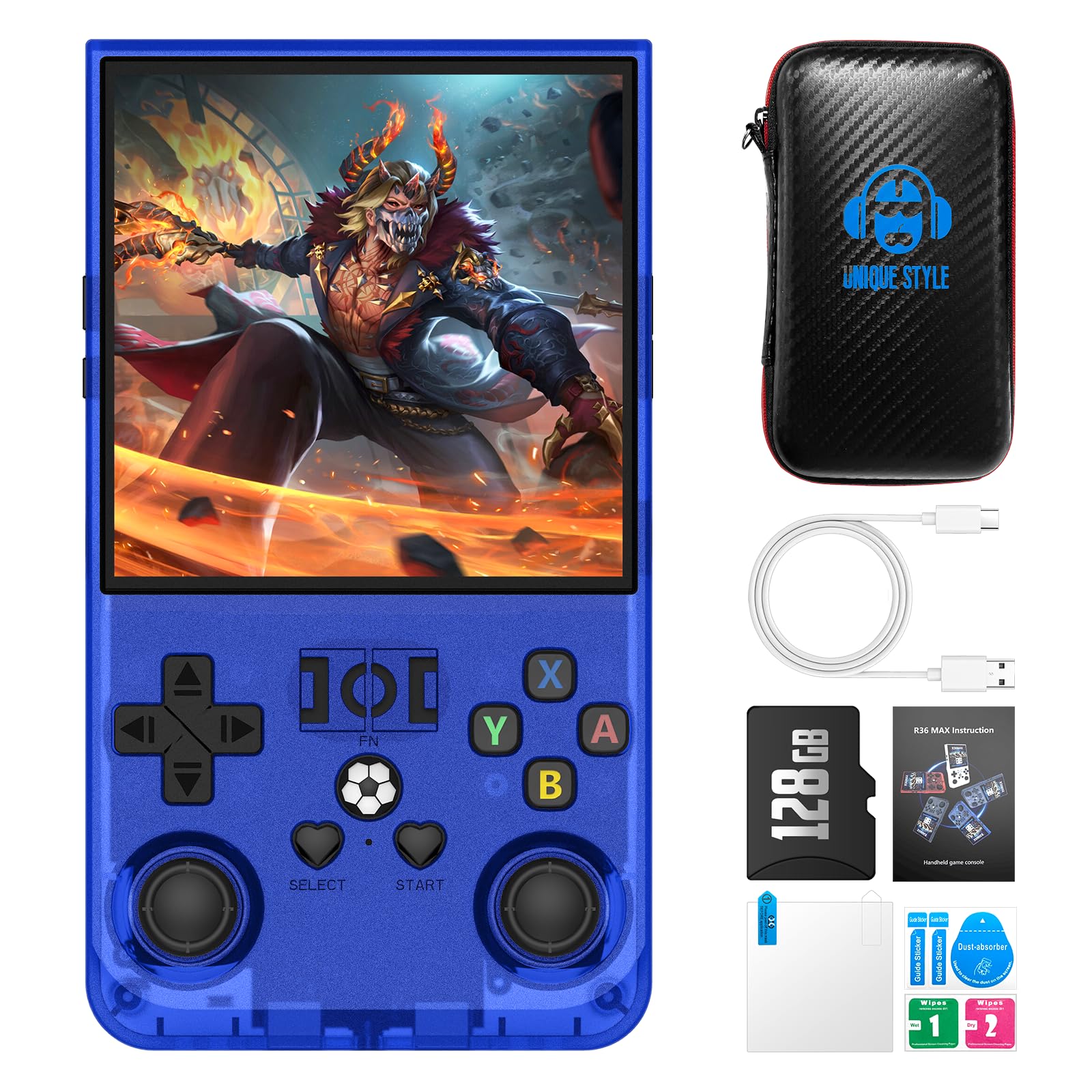 Console di gioco portatile retrò, console per videogiochi con schermo 4K HD IPS da 4 pollici, sistema Linux open source, batteria da 4000 mAh, 64 GB, blu