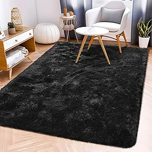 Fluffy Rug Flame Resistant 5x7 Feet, Black Throw Rugs for Living Room, Ultra Soft Shag Fuzzy Plush Carpets Indoor