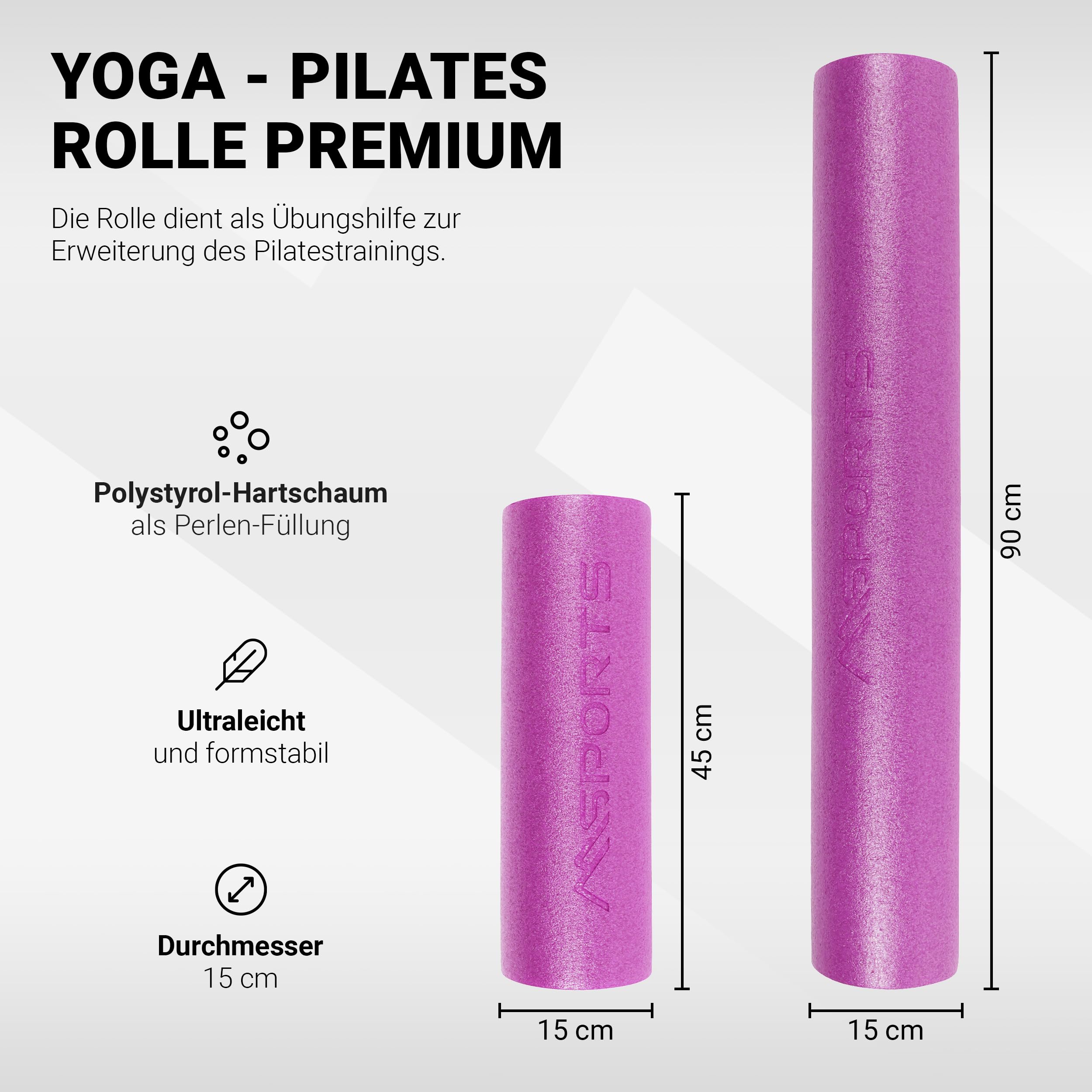 Yoga Rolle Premium | Pilates Rolle - 45 x 15 cm oder 90 x 15 cm - Faszienrolle (Pastellpink, 45 x 15 cm)