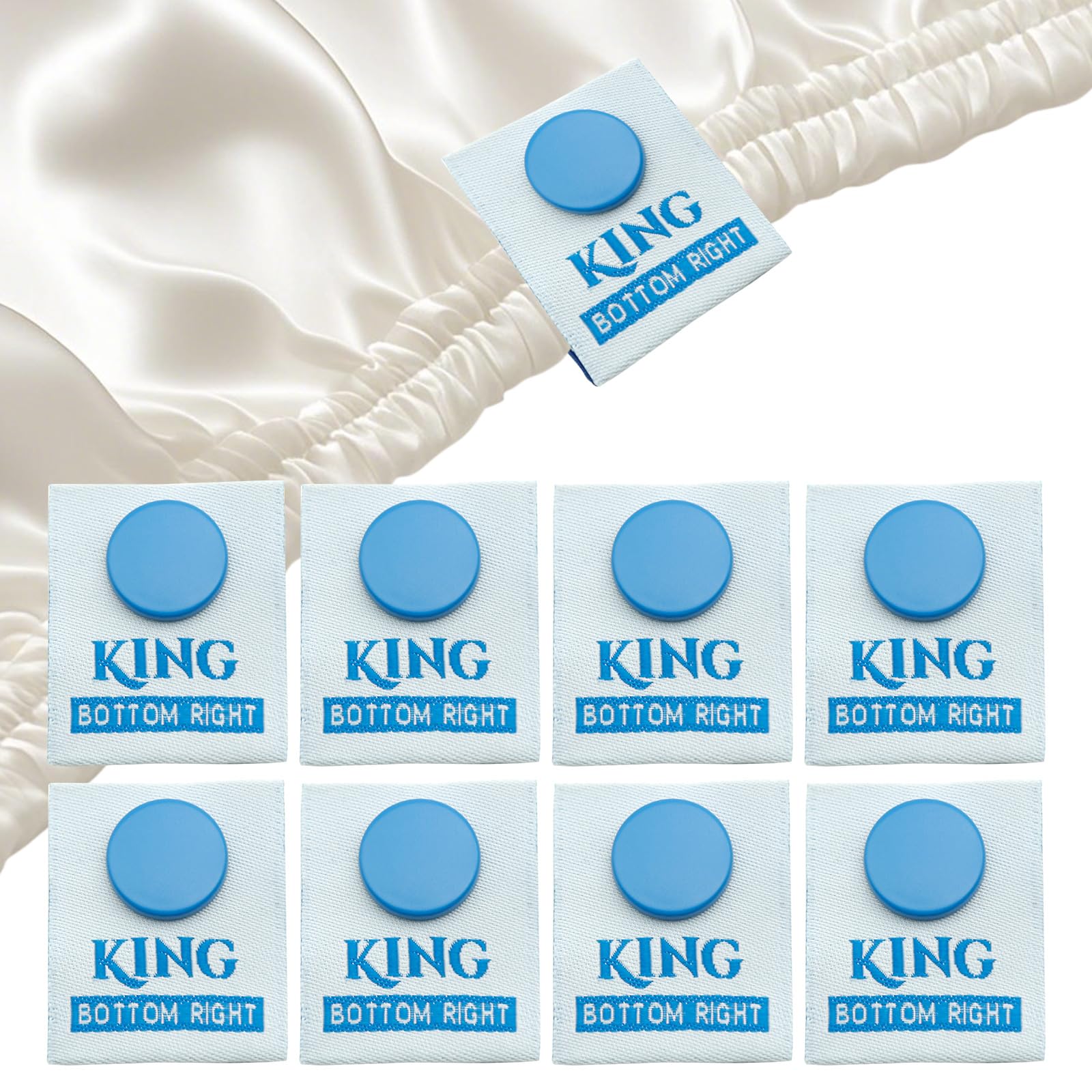 XMJY King Bed Sheet Labels, 8 Pcs Snap-On Tags for Easy Bed Making, Machine Washable Sheet Labels for Size Identification