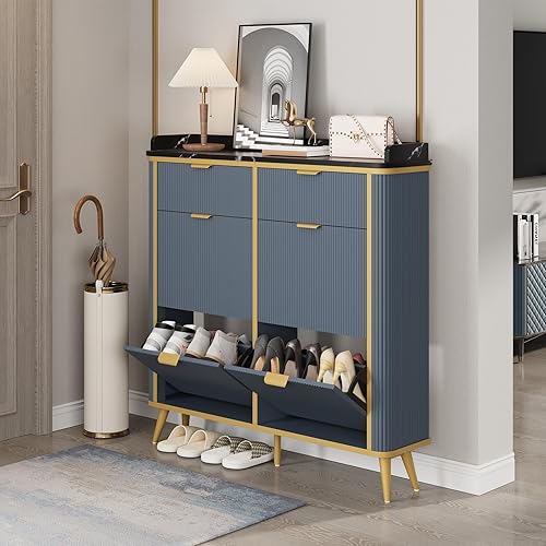 Miniatura 4 de Armario de almacenamiento de zapatos estriado con 4 cajones abatibles y 2 cajones, organizador de zapatos oculto independiente con estantes