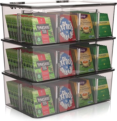 Utopia Home Paquete de 3 organizadores de bolsas de té, organizador apilable de almacenamiento de bolsas de té con tapa superior transparente,