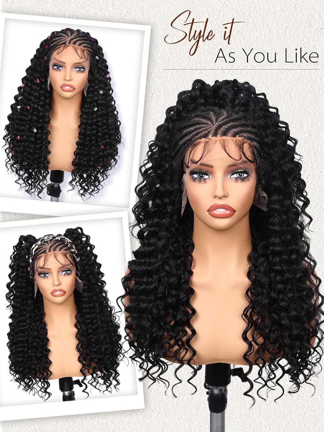 Lady Miranda 22 Inch Cornrow Wig 13x6 HD Lace Braided Wigs for Black Women Handmade 15 Strands Pre Braids Synthetic Braided Wig with Curly Hair (NB, 22 Inch)
