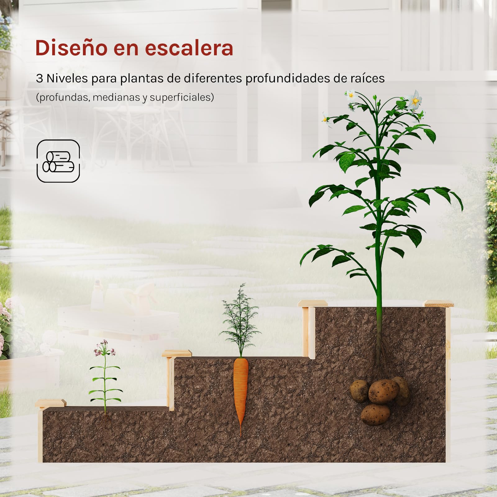 WOLTU Huerto Urbano de 3 Niveles, Jardinera de Madera, Huerto Elevado para Verduras Frutas y Flores, Diseño de Escalera, Jardinera Exterior para Patio Terraza Balcón Jardín, 92x92x35 cm