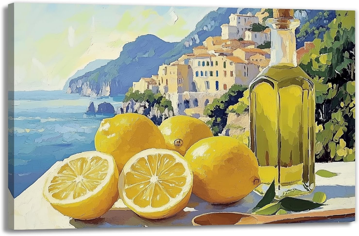 GLOKAKA Lemon Wine Canvas Wall Art Coastal Landscape Watercolor Fruit Prints Seaside Artwork for Kitchen Dining Room Decor(Artwork-1,12"x18")