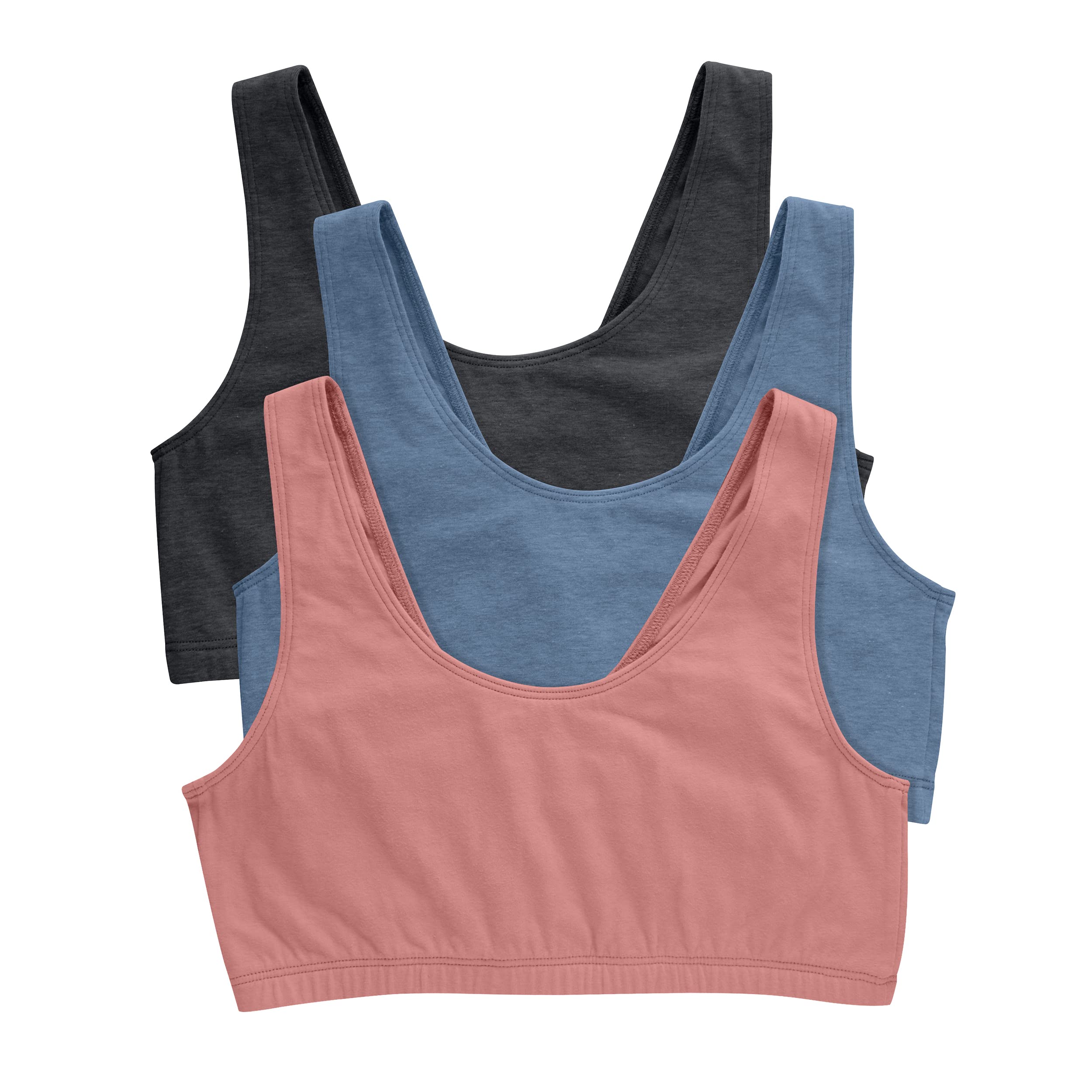 Photo 1 of **USED**  Hanes Womens Scoopneck Bralette Pack, Low-Impact Bra, Cooling Stretch Cotton Crop Top, 3-Pack Medium Sky Grey Heather/Denim Jacket/Peach