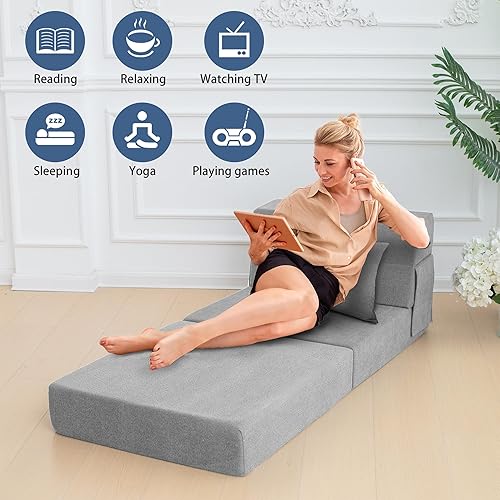 Miniatura 4 de Colchón plegable para sofá cama, sofá cama plegable, colchón de piso con almohada para sala de estar, oficina en casa (gris claro, individual)