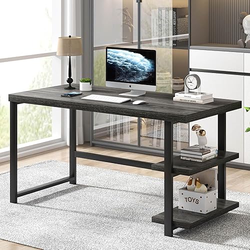 Miniatura 3 de FOLUBAN Escritorio para computadora de 47 pulgadas con estantes de almacenamiento, escritorio moderno de oficina en casa, escritorio de estudio