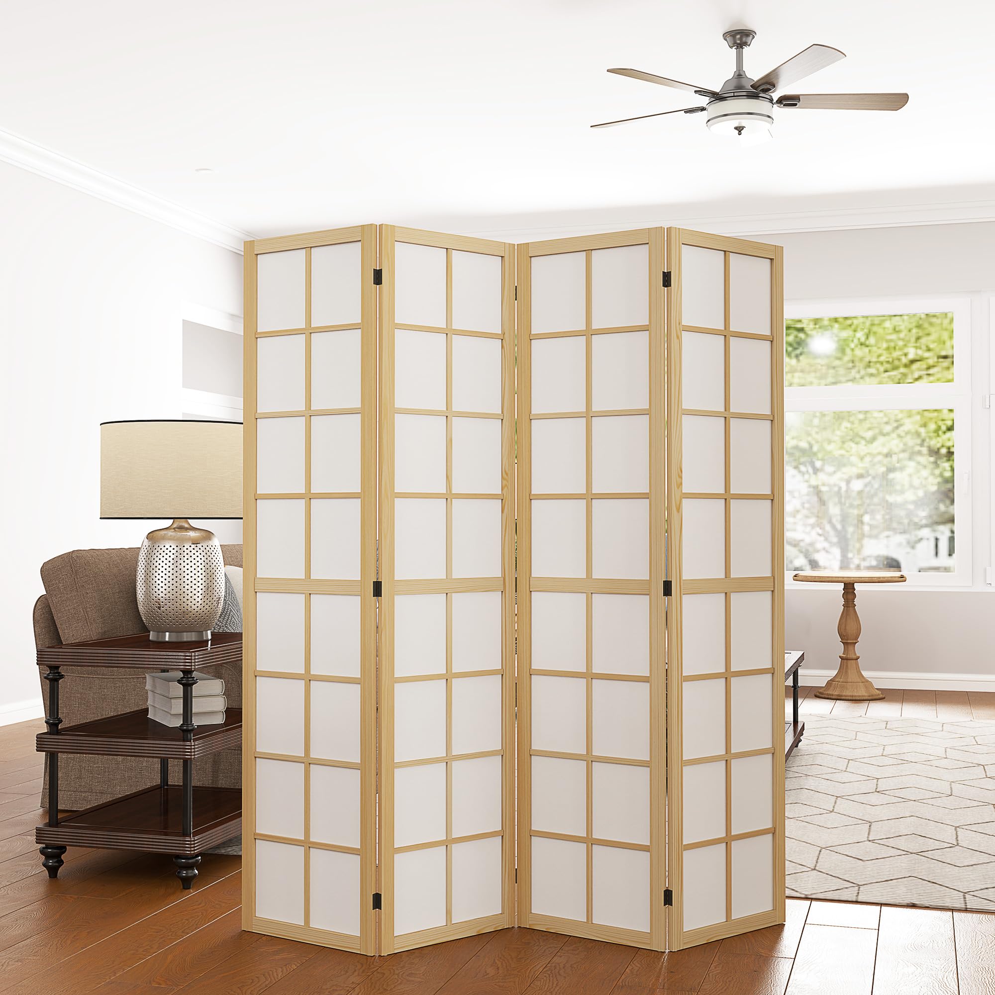 HOMCOM Biombo de 4 Paneles Plegable con Marco de Madera 160x170 cm Natural | Biombo Separador de Ambientes, Pantalla de Privacidad, Dormitorio Oficina Salón